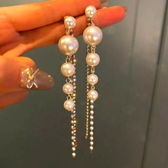 South Sea Dangle Earrings Jewelry - South Sea Shell Pearls & White Baguette Diamonds Earrings 18K Gold 925 Silver